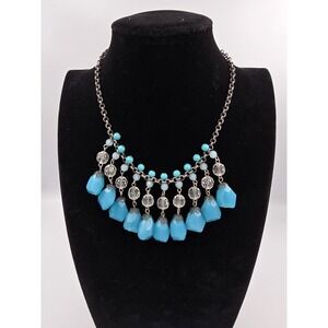 American Eagle Statement Necklace Turquoise Aqua Blue Bead Clear Faceted
